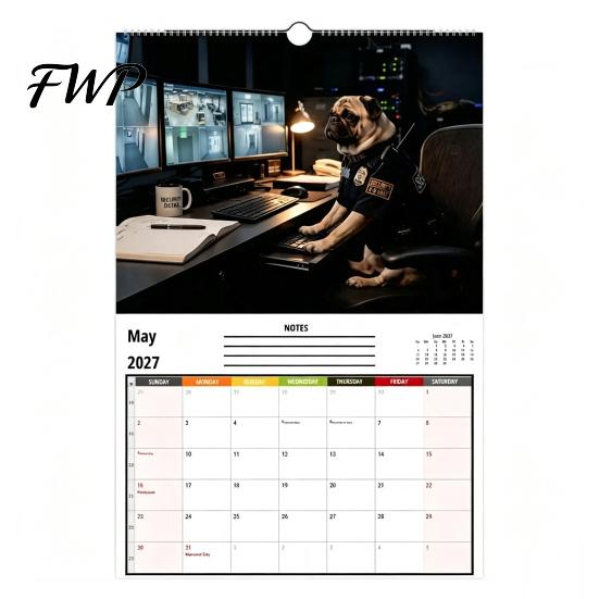 Dog Themed Planner 2027 Pugs Working Wall Calendar, Funny Hanging Humorous Pet Poster 12 Monthly with Unique Illustrations for Home Office Decor Year