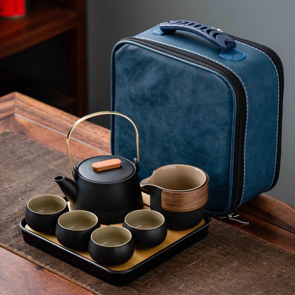 Japanese Black Pottery Tea Set with Handle Teapot, Dry Brew Tray, and Portable Bag for Home, Office, or Travel.