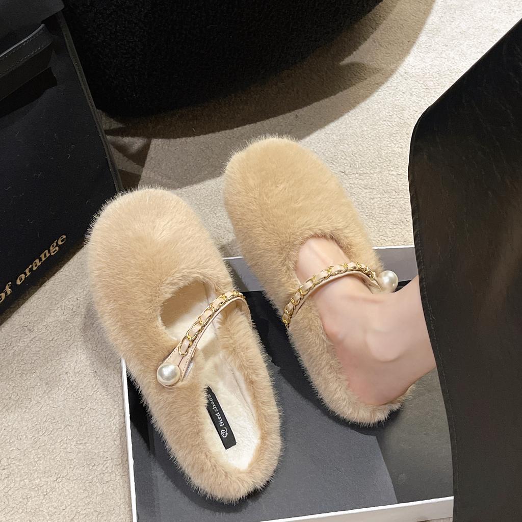 New Style Women's Autumn and Winter Thick Bottom Plush Cotton Slipper Outside Wear Baotou Soft Bottom Slippers Pearl Accessories