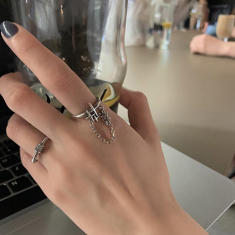 Cross Star Fringed Chain Ring Retro Fashion Simple Twist Woven Open Ring Index Finger Ring Tide