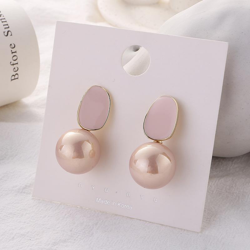 Trend Big Imitation Pearl Dangle Earrings Women Irregular Geometric Oval Drop Earrings for Women Enamel Oil Black Pink Jewelry
