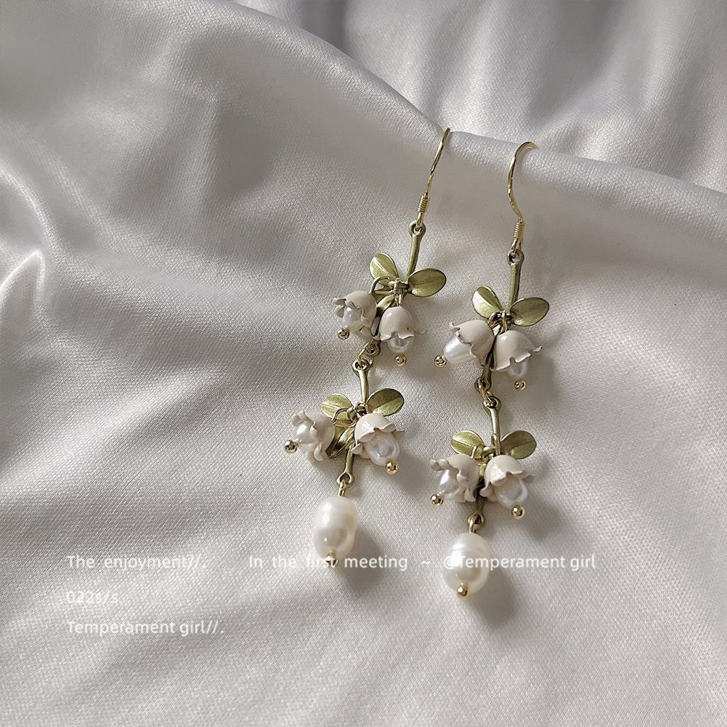 [Ландыш] Летние новые серьги-гвоздики с пресноводным жемчугом, ручная работа, дизайн, длинные серьги-листья