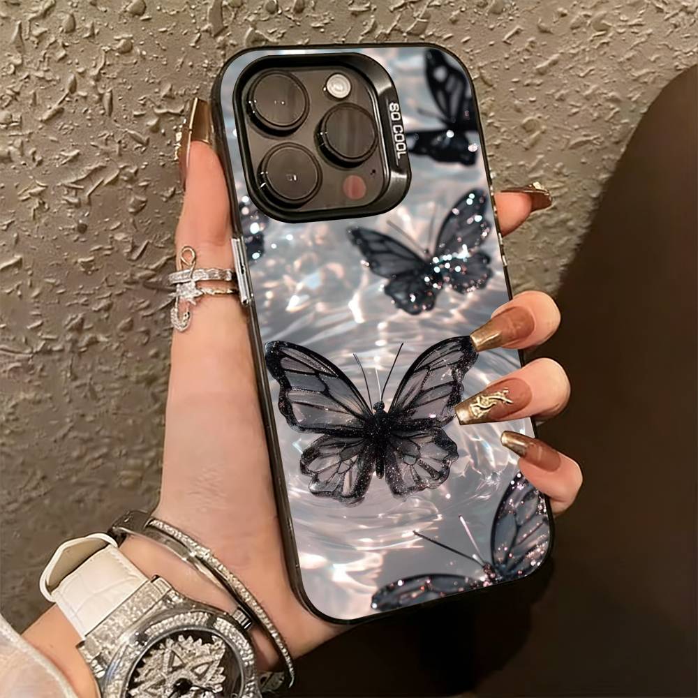 G-Glow In the Dark B-butterfly  Phone Case For iPhone 17,16,15,14,13,12,11 Plus,Pro Max,XS,Colored Silver Plated Inside Cover