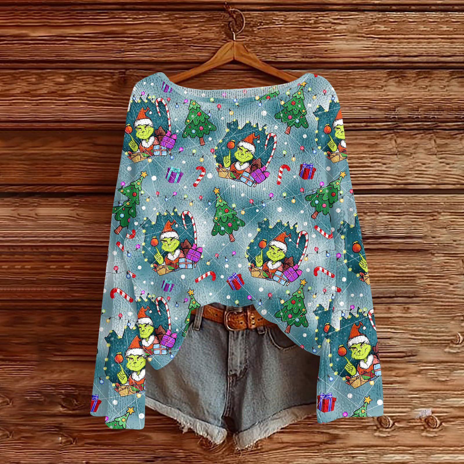 

Рождественские толстовки для женщин Вязаный свитер Милая рубашка Осенний свитер с круглым вырезом Топы M синий