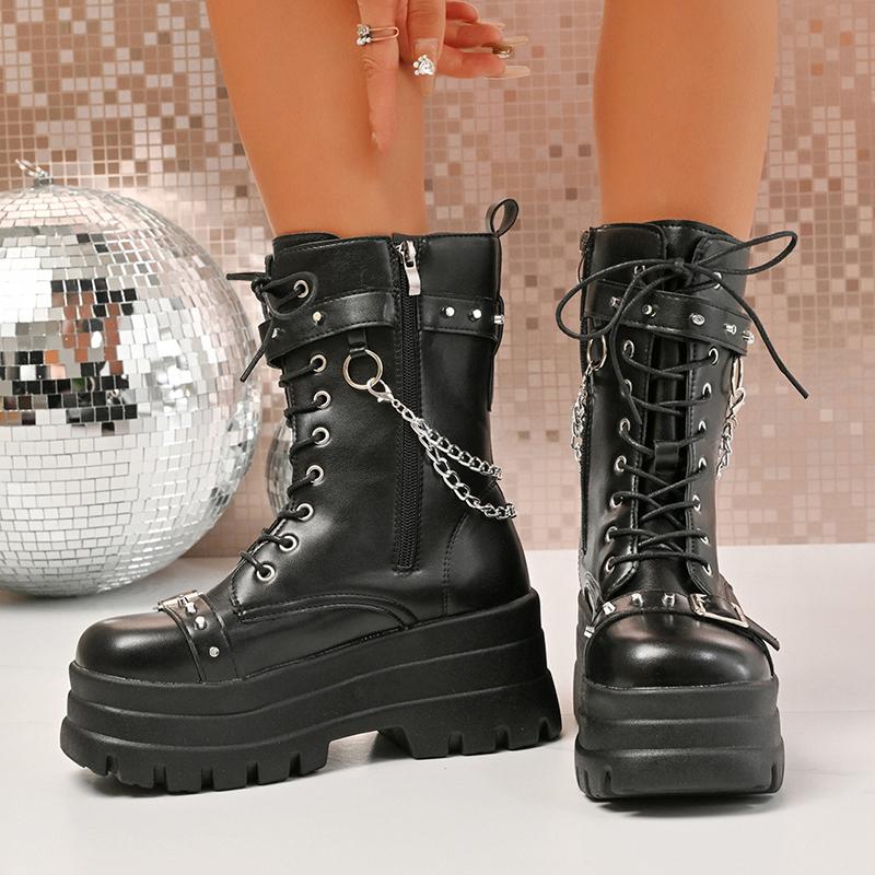 Fashion Punk Style Chunky Motorcycle Boots Women Thick Bottom PU Leather Ankle Boots Woman Metal Chain Decor Gothic Platform Botas Mujer