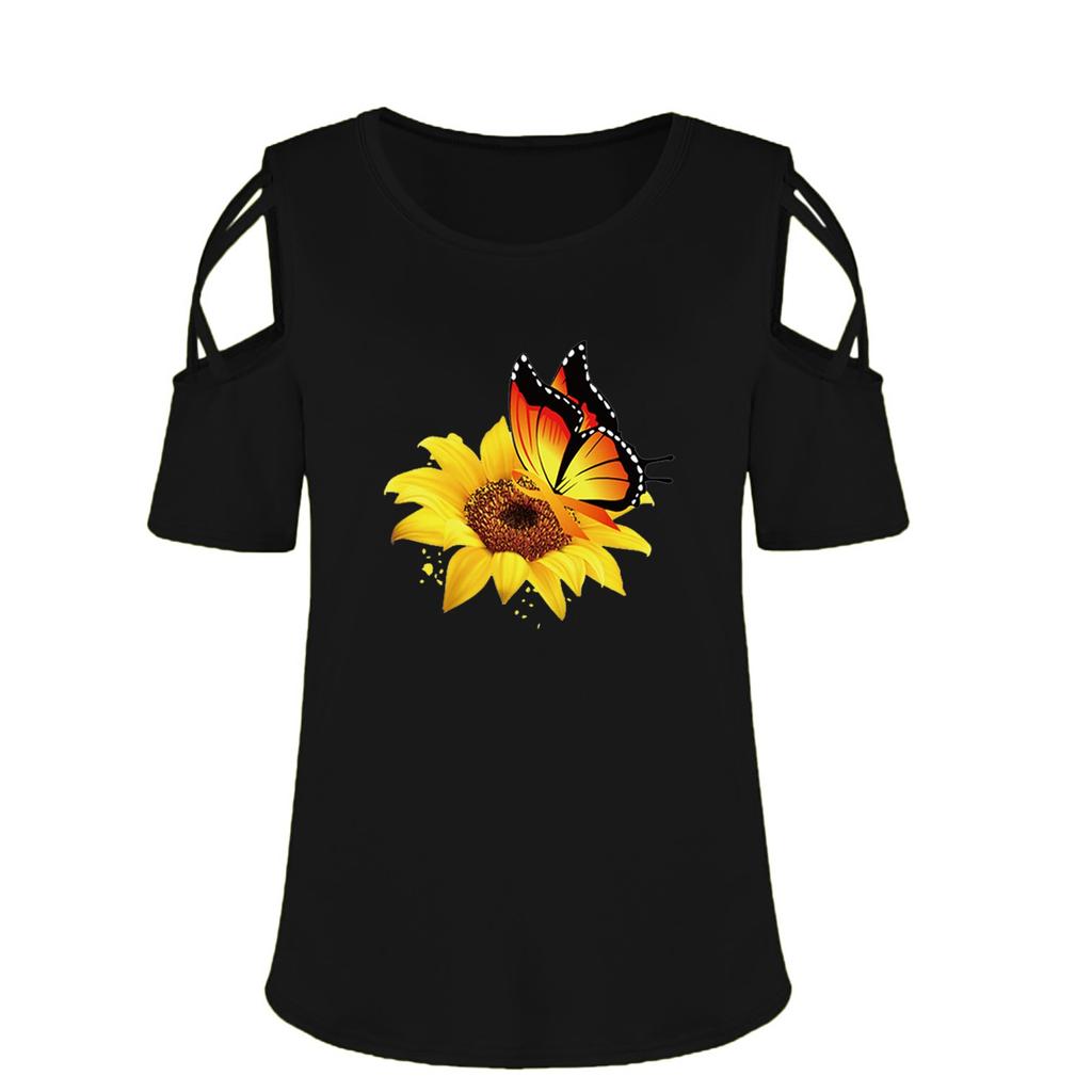 Women Tie-dye  Fashion Printed Colorful  Short Sleeve Strappy Cold Shoulder Top