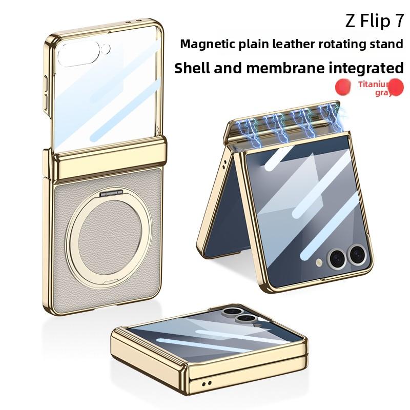 For Samsung Galaxy Z Flip 7 Case Luxury PU Leather Skin Hinge MagSafe Magnetic Ring Stand Protect Back Cover For Z Flip7 Shell