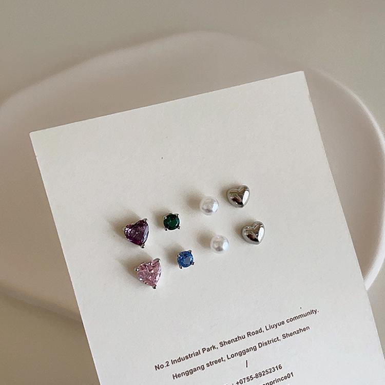 Korean Style Colored Diamond Heart Pearl Stud Earrings - Versatile, Simple & Elegant Accessories for Women.