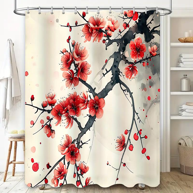 Title: Elegant Red Blossom Shower Curtain - Watercolor Floral Design Home Decor For Bathroom Suitable For Wet And Dry Separation
