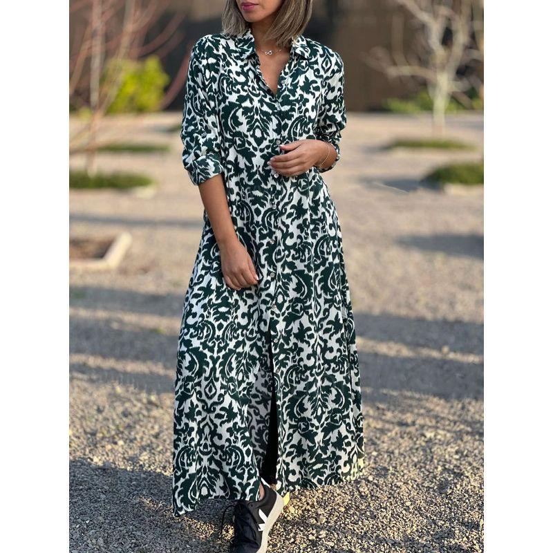 

Printed Shirt Skirt plus Size Women s Clothing New Elegance Square Collar Long Sleeve Print Shirt Dress Dress Green 5XL