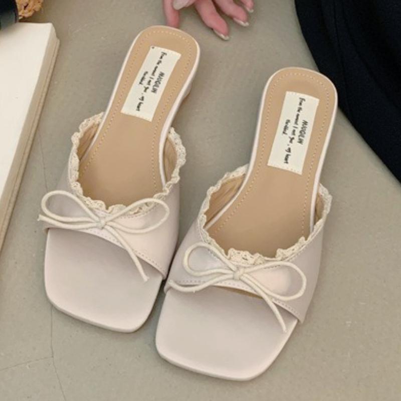 Fashion Elegant Lace Bow Embellished Brand Slippers Women Fashion Sexy Square Toe Open Toe Slide Sandals Sweet Sandalias Mujer De Verano
