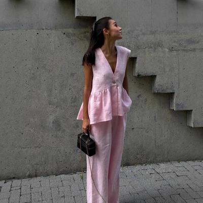 Damen 2025 Einfarbiges Zweiteiler-Set: V-Ausschnitt Ärmelloses Top & Lange Hose Europäischer Stil