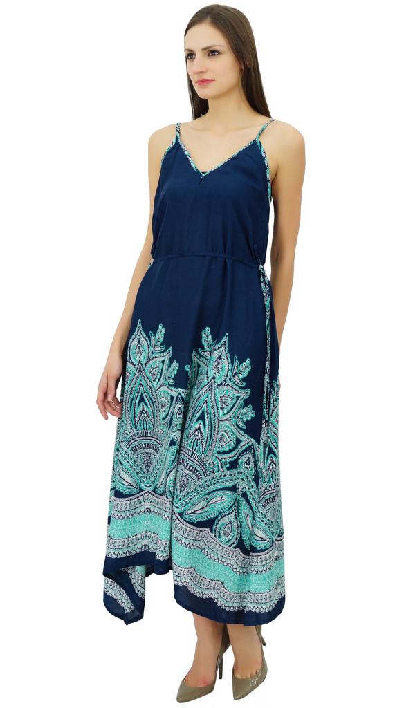 Bimba Women Blue Rayon Asymmetric Sun Dress Spaghetti Stram Boho Chic Beach