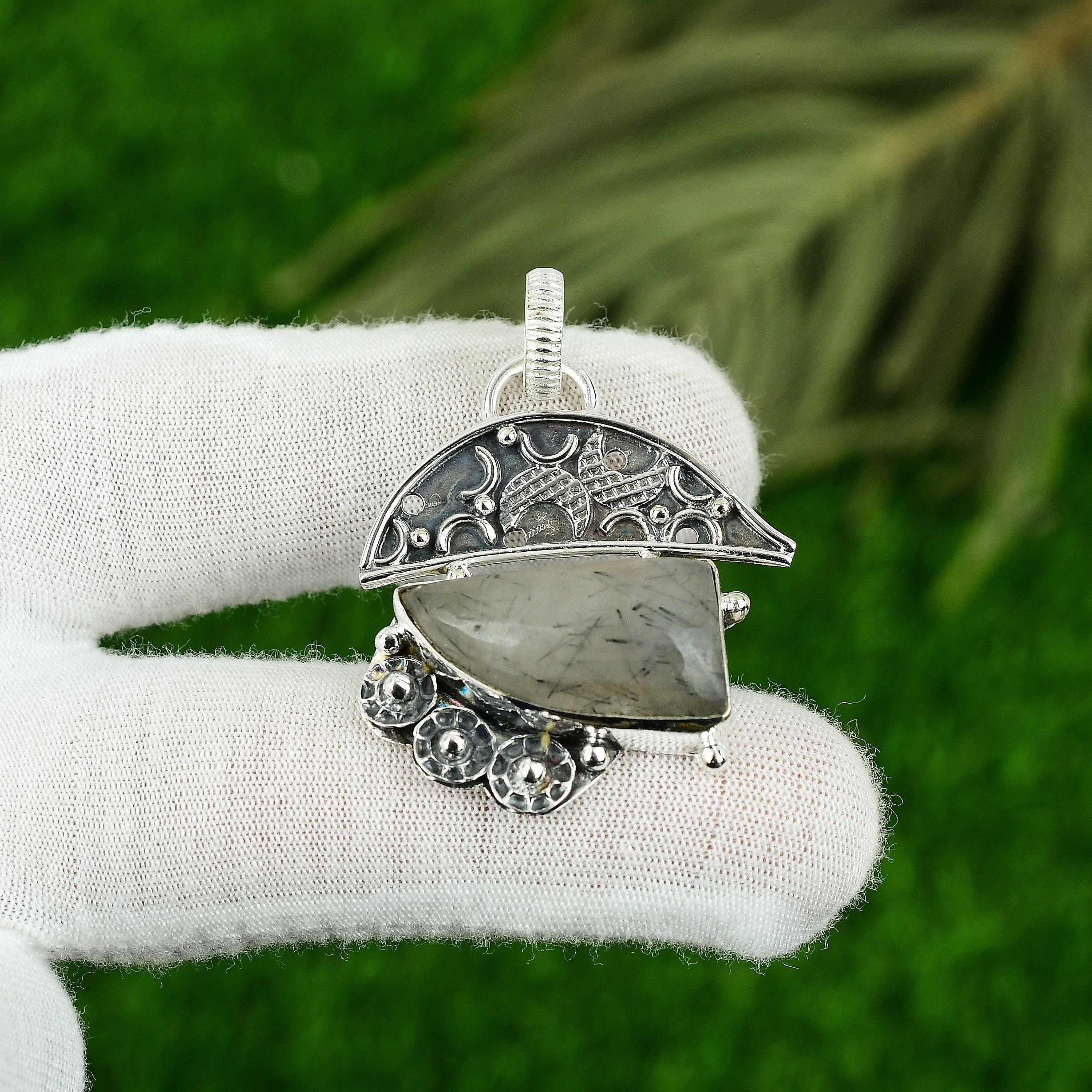 Trillion Natural Black Rutile Sterling Silver Mother Bezel New Pendant Jewelry