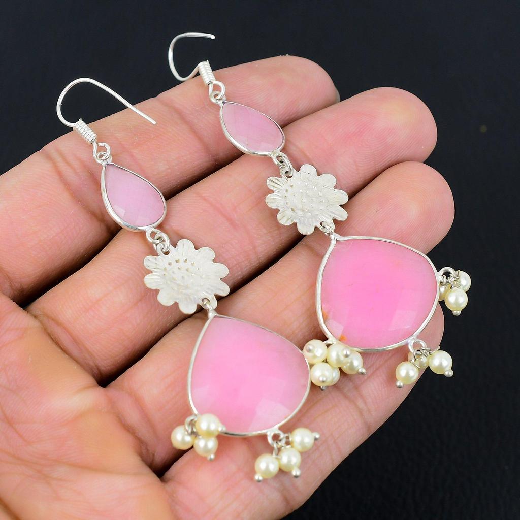 Sterling Silver Pink Chalcedony Gemstone Dangling Anniversary Earrings Jewelry