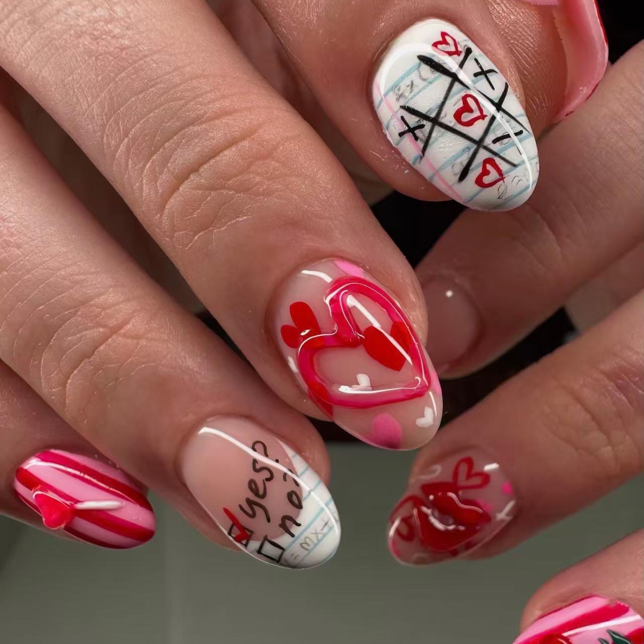 3D Strawberry Heart and Lips French Style Wearable Nails for Valentine s Day Finished Strip Set (Full Diamond Tips x3)