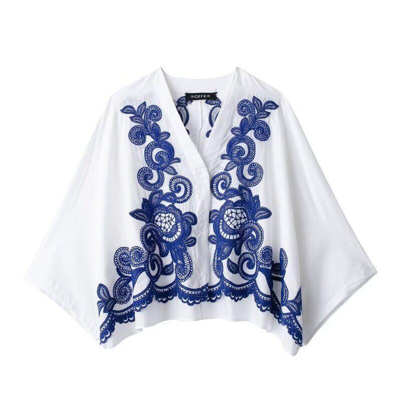 

Fashion Style Fashion All-Match Contrast Color Shirt High Waist Embroider Shirt XS