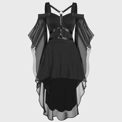 Cross-Border Gothic Swing Dress with Irregular Splicing, Witch Sling Straps, and Dramatic Sleeves for Halloween.
