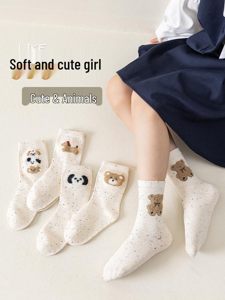 Cute Children's Mid-Calf Cotton Socks for Girls - Cartoon Bear and Dot Design for Spring, Autumn, and Winter.