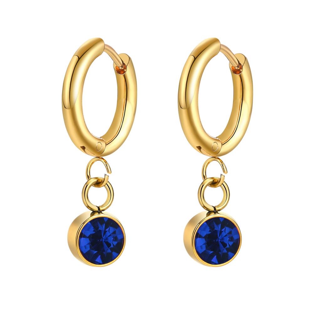 12 Colors Birthstone Huggie Earrings for Women, PVD Gold Color Tone Stainless Steel Brilliant AAA Cubic Zirconia Dangle Ear Clip