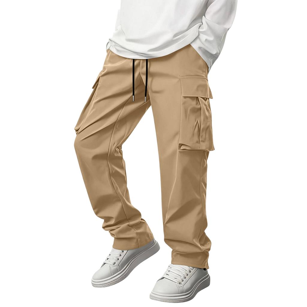 Men Casual Slim Fit Straight Leg Outdoor Multi Pocket Cargo Pants Lightweight Breathable Drawstring Waist Long Trousers