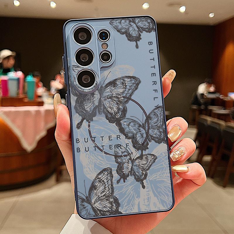 Magnetic For Magsafe Case For Samsung Galaxy S26 Ultra S25 Edge S24 Plus S23 FE S22 A54 A55 A56 5G Retro Butterfly Print Matte Cover
