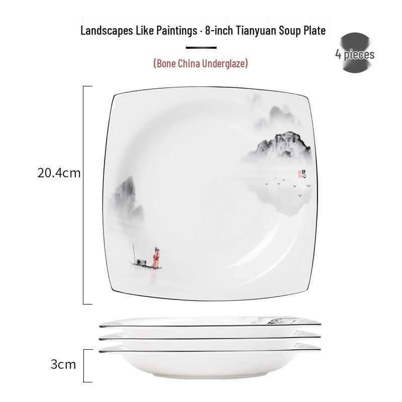 Tangshan Underglaze Ceramic Landscape Ramen Bowl Set