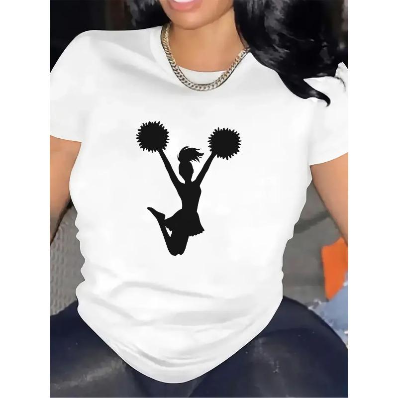 Cheerleader Graphic Print Crew Neck Tee Lightweight Medium Stretch Ideal for Gymnastics Games & Daily Casual Wear