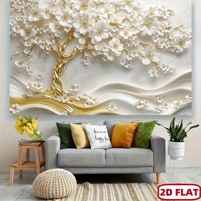 

2D White Gold Floral Tree Backdrop, for Home Decor, Wedding & Aesthetic Photoshoot 47.2x31.5inch/120*80cm