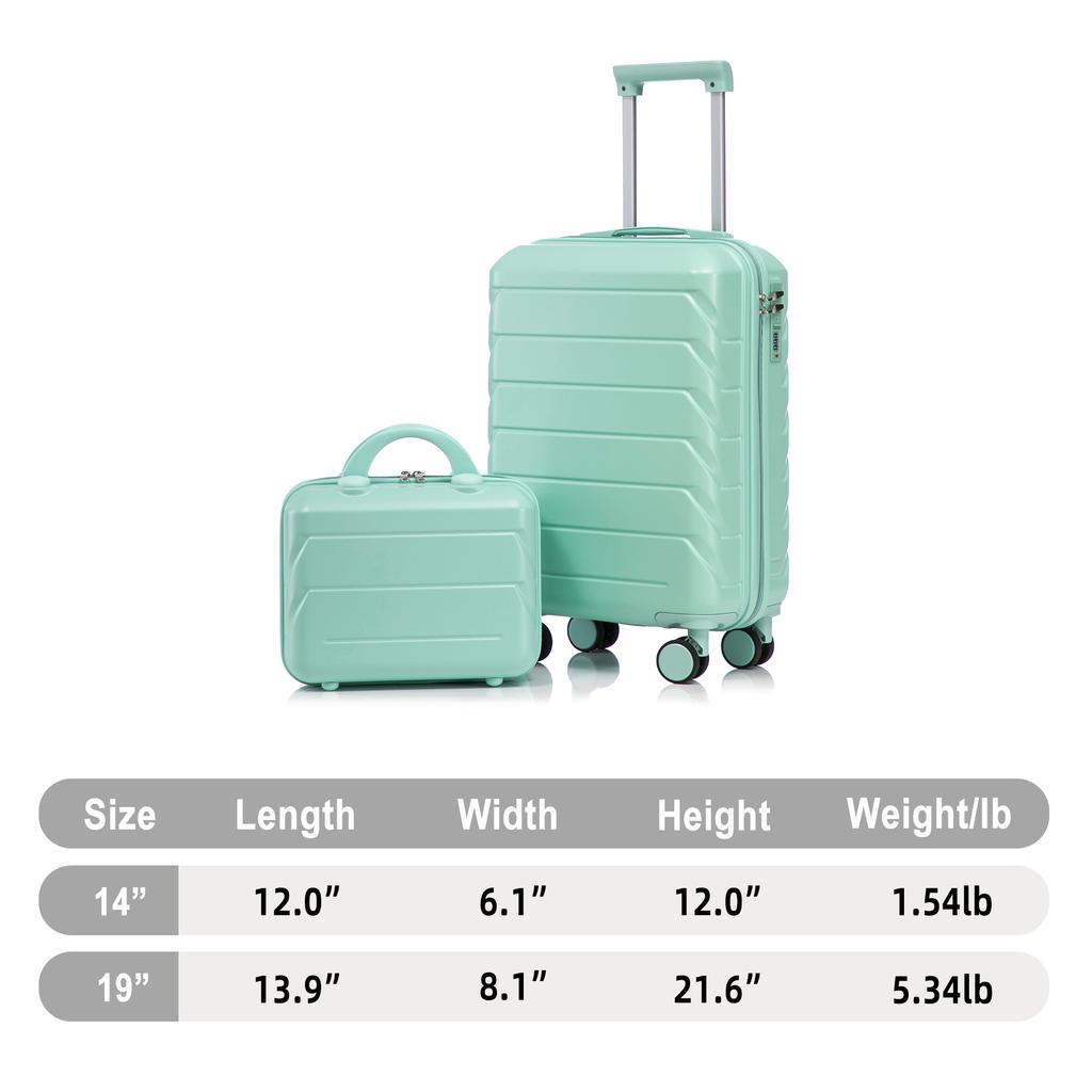14"/19" 2-piece ABS spinner luggage set with combination lock & 14" cosmetic bag (mint green)
