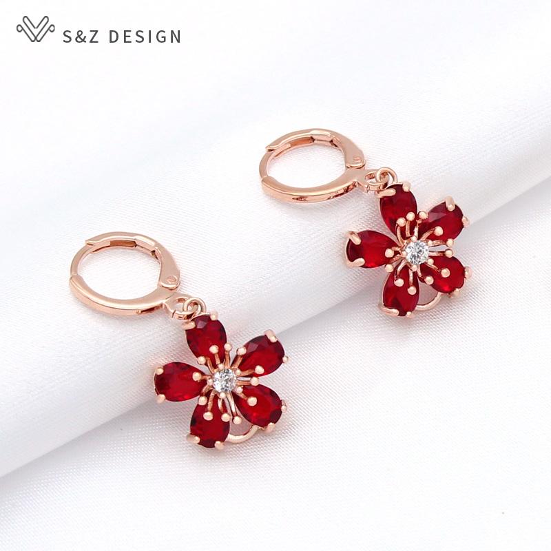 Fashion Cute Red Flowers Cubic Zirconia Drop Earrings Jewelry Sets For Women Party Rose Gold Color Pendant Necklace