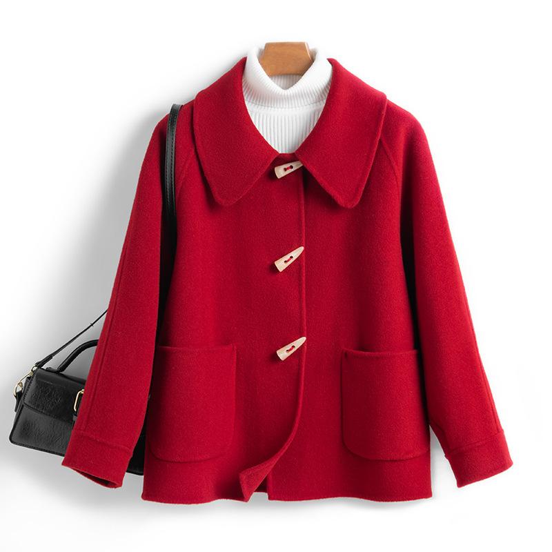 

Осень и зима новая двусторонняя шерстяная куртка женская короткая с роговой пуговицей свободная меховая куртка тренд L