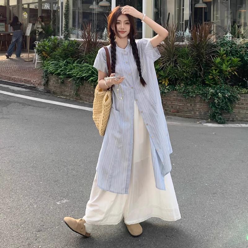 Blue striped short-sleeved shirt dress women's summer 2026 new loose casual fashion wide-leg pants two-piece set