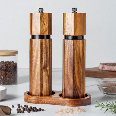 European-style Acacia Wood Pepper Grinder with Ceramic Core and Steel Ring Coarse and Fine Manual Grinder Set Kitchen Accessory