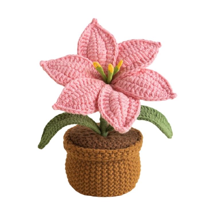 Crocheted Lilies Potted Plant Home Decors Artificial Knitted Flower Pot Ornament for Mother Day Teacher Appreciation Gift