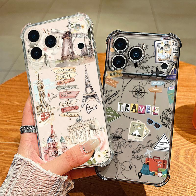 Travel Route Pattern Phone Case For iPhone 17e 17 16 15 14 Pro Max 14 13 Pro 16 Shockproof Clear TPU Soft Card Slot Pocket Cover