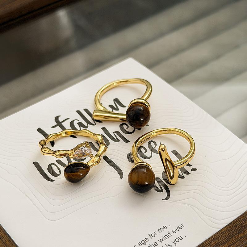 Fashion Temperament Maillard Retro Hong Kong Style Imitation Tiger'S Eye Stone Open Ring Women'S Irregular Light Luxury Personality Index Finger Ring