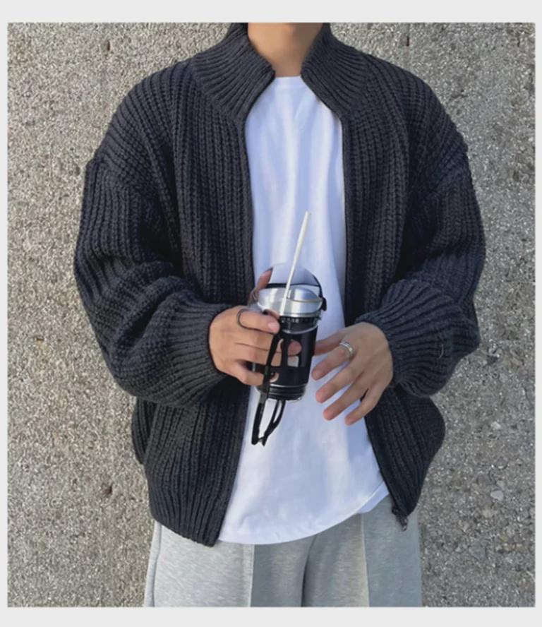 Chaqueta Cárdigan de Punto Retro Coreana con Cuello Mao para Hombre