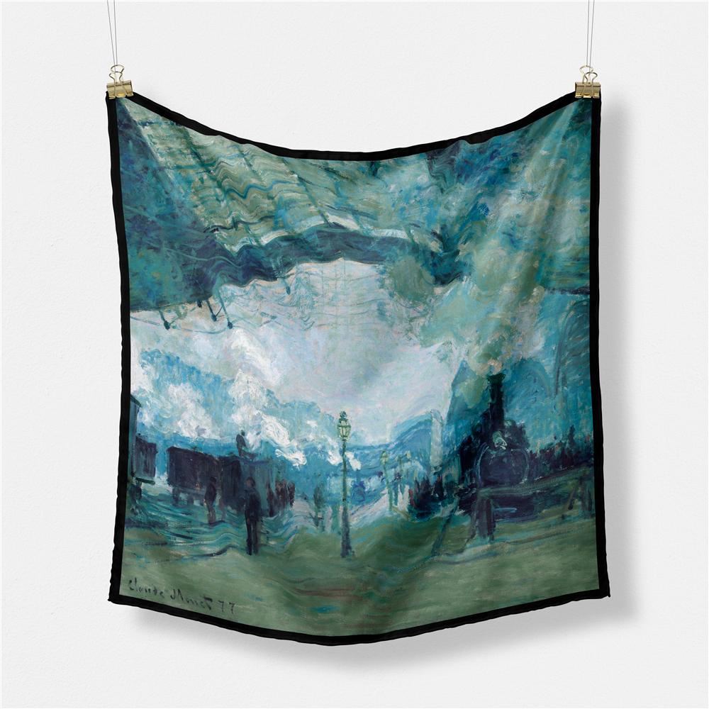 POBING Twill Silk Scarf Women Oil Painting Square Scarves Wraps Bandana Small Hijab Lady Foulards Tie Headband Neckerchief 53CM