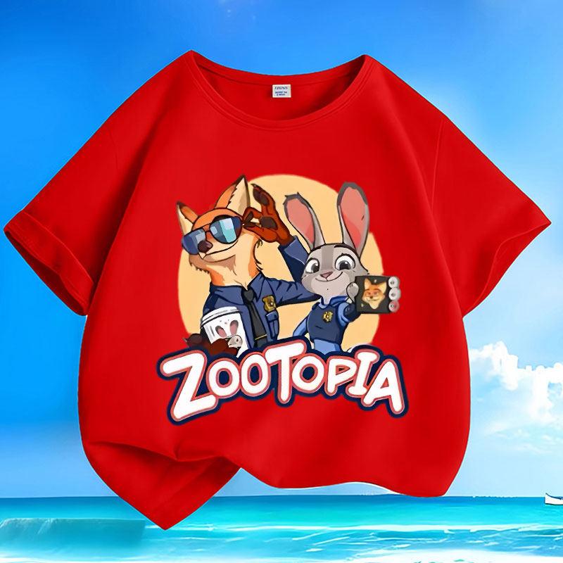 Disney Zootopia Judy Police Officer Pattern Print Versatile Casual Summer Children's Short Sleeved Trendy Round Neck Loose Top