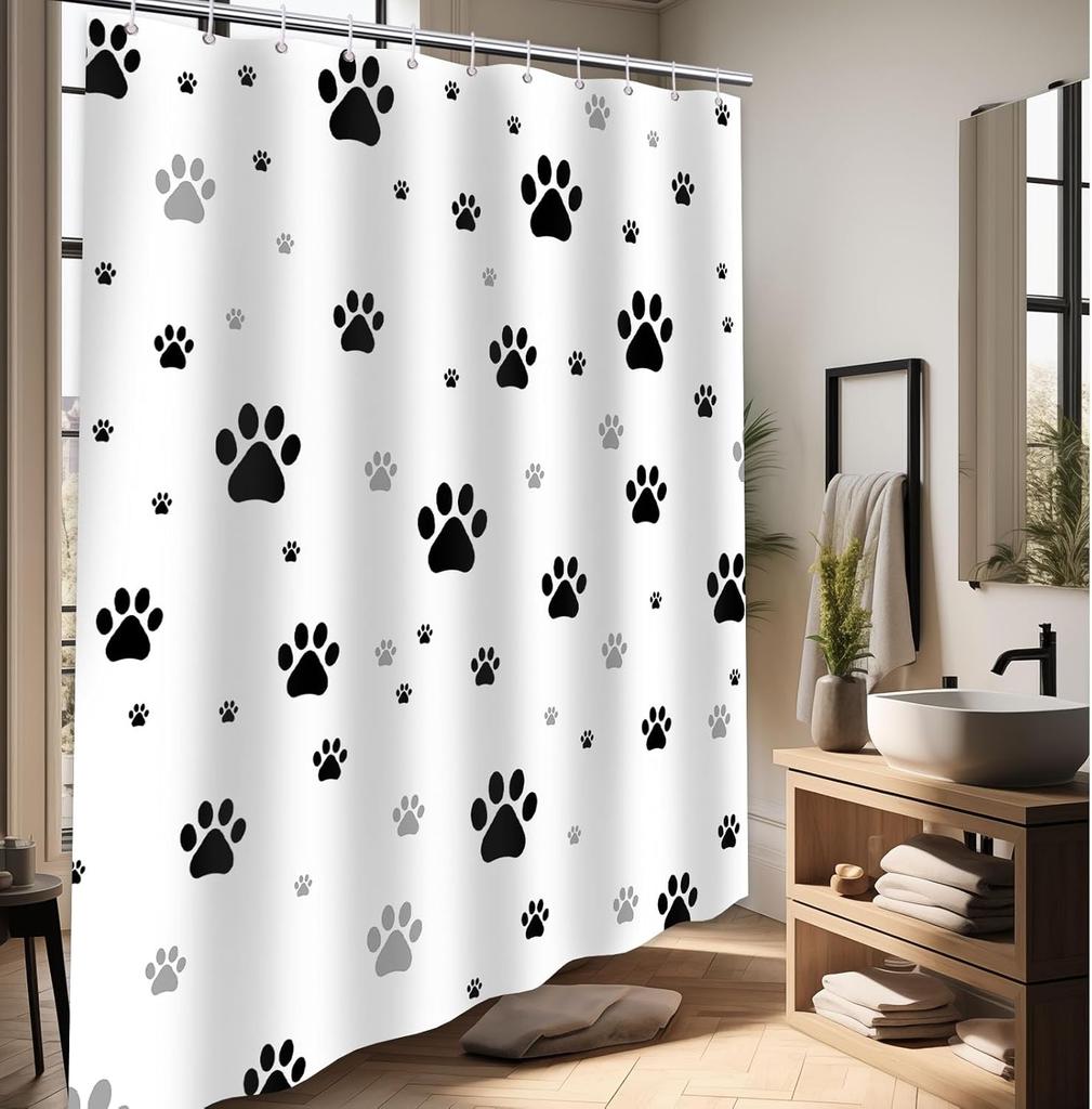Paw Print Shower Curtain Dog Cat Black And White Funny Kids Bathroom Decor, Waterproof Cloth Fabric With Hooks (60" W X 72" L)