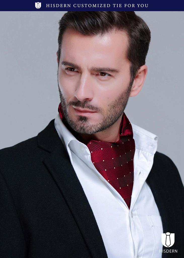 [HISDERN] Ascot Tie Men's Silk Red Wine Red Neck Scarf Formal Polka Dot Stylish Men's Wedding Gentleman RC-04S