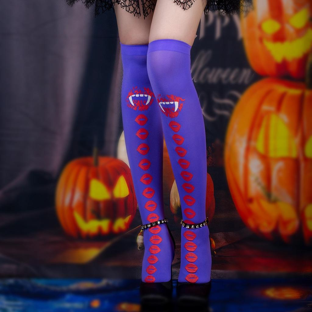 Stockings Over Knee Female Summer Black Stockings Lips Socks Medium Tube Ghost Party Halloween Dark Stockings