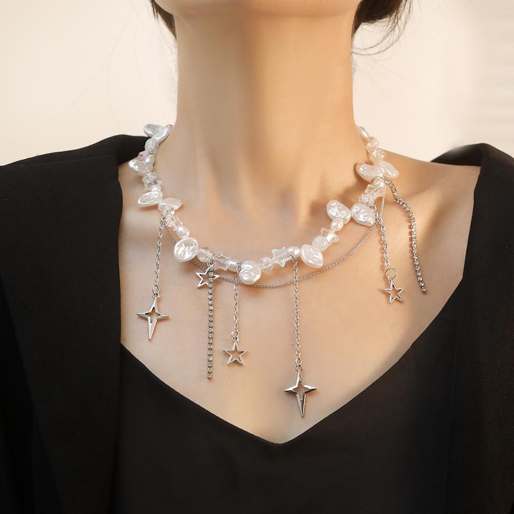 European and American Cold Wind Cross Star Diamond Imitation Pearl Necklace