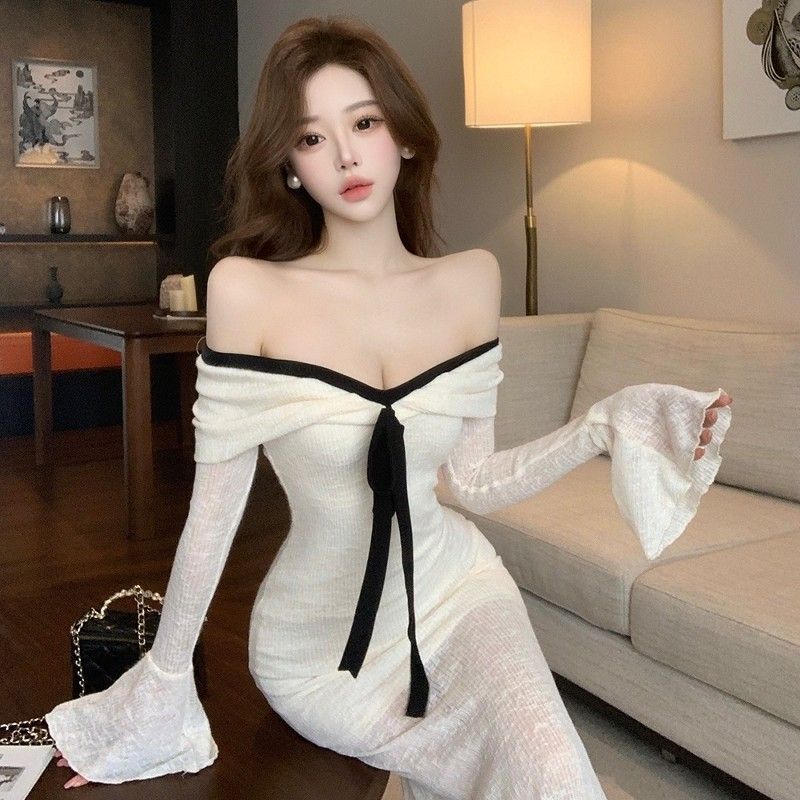 Elegant High Waist Long Sleeve Knit Dress With Colorblock Design For Fall 2025