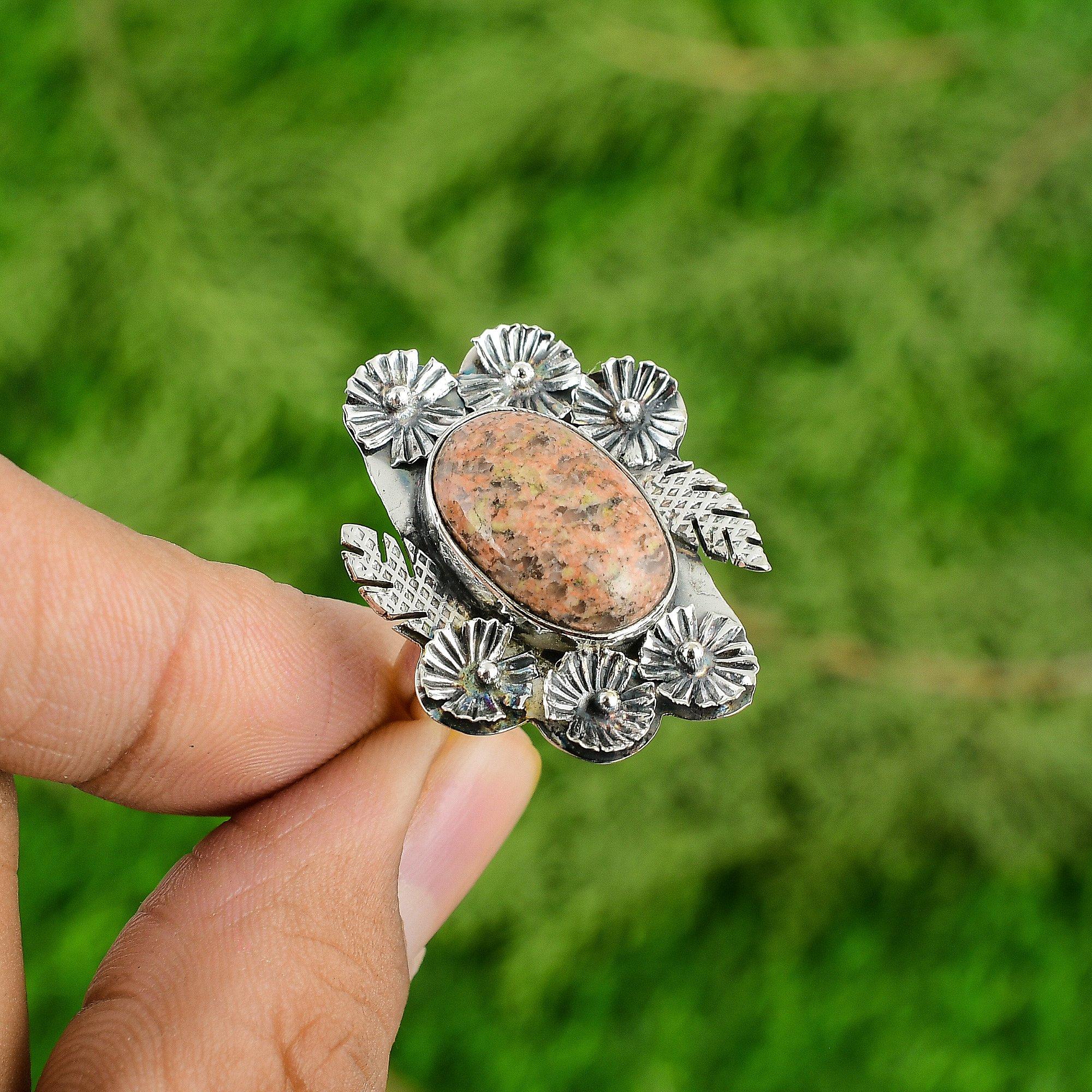 

Natural Unakite Gemstone Solitaire Flower Adjustable Ring 925 Silver For Women Adjustable