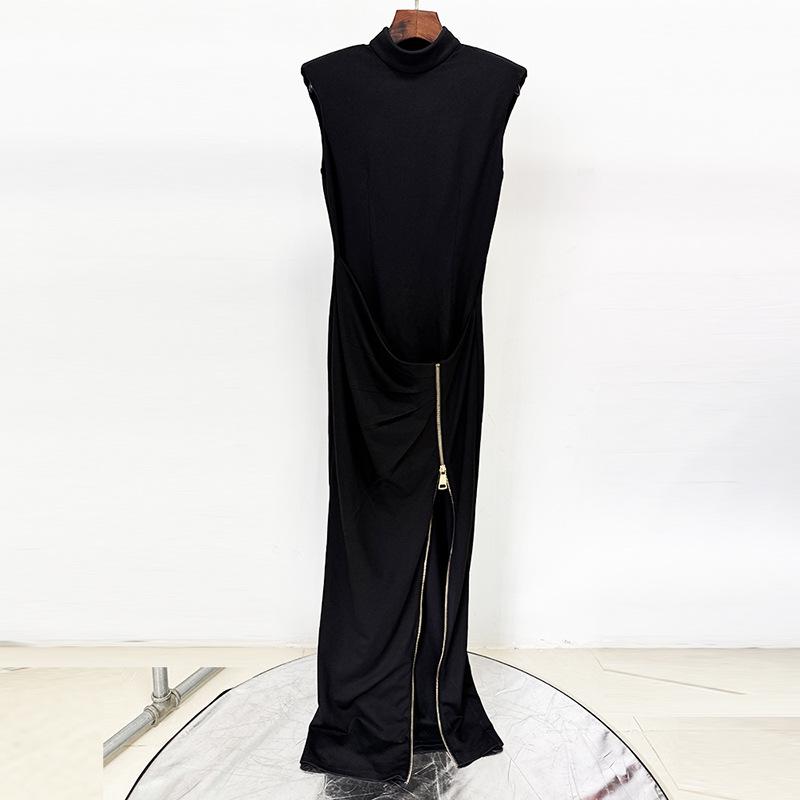 

Elegant Early Spring 2026 Sleeveless Zipper Slit Stretch Maxi Dress XL чёрный