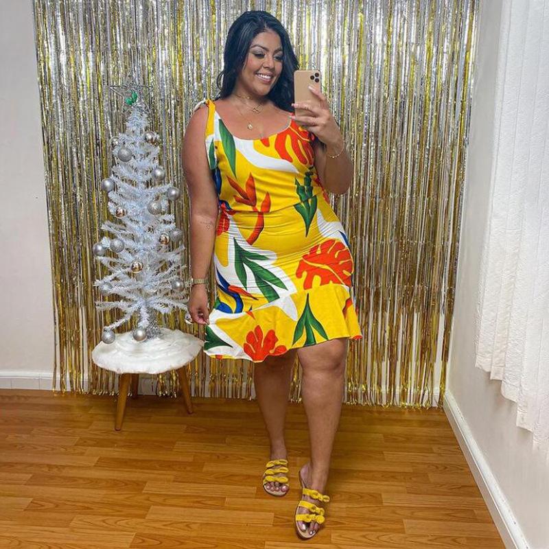 Plus Size Women's New Printed Mid Length Sleeveless Dress