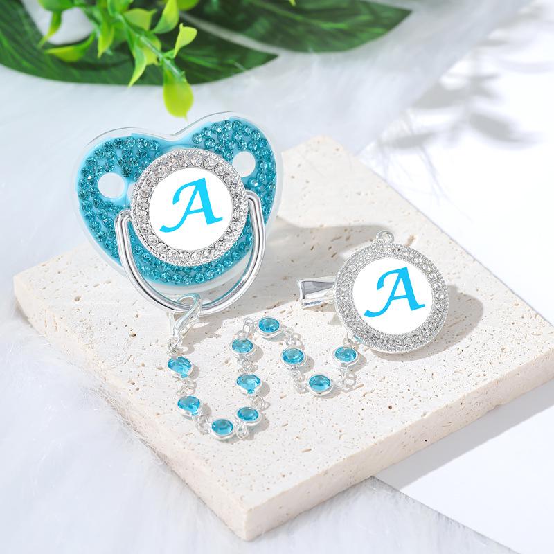 Lake Blue Rhinestone Baby Pacifier with Beaded Chain Clip
