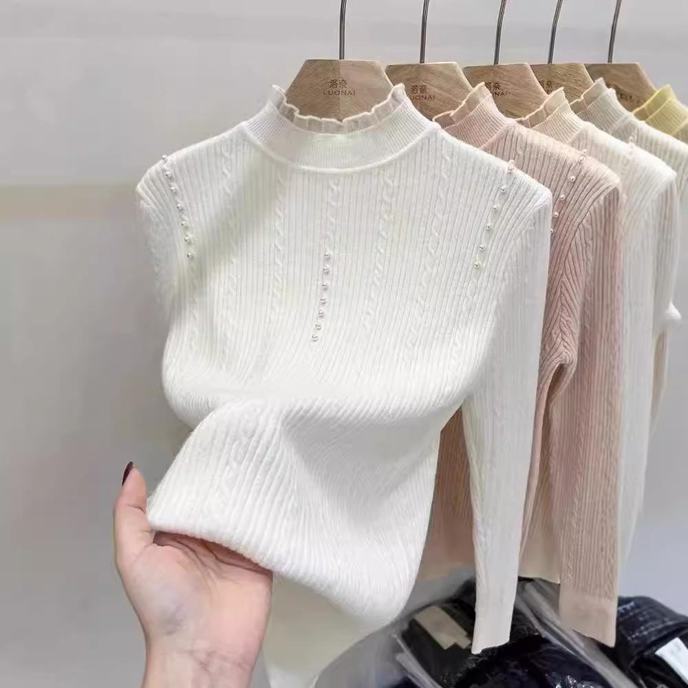 Lace Semi-turtleneck Bottoming Shirt Women's Autumn and Winter Inner Twist Pearl Chic Top Knitted Sweater Women's Long-sleeved Slim-fit